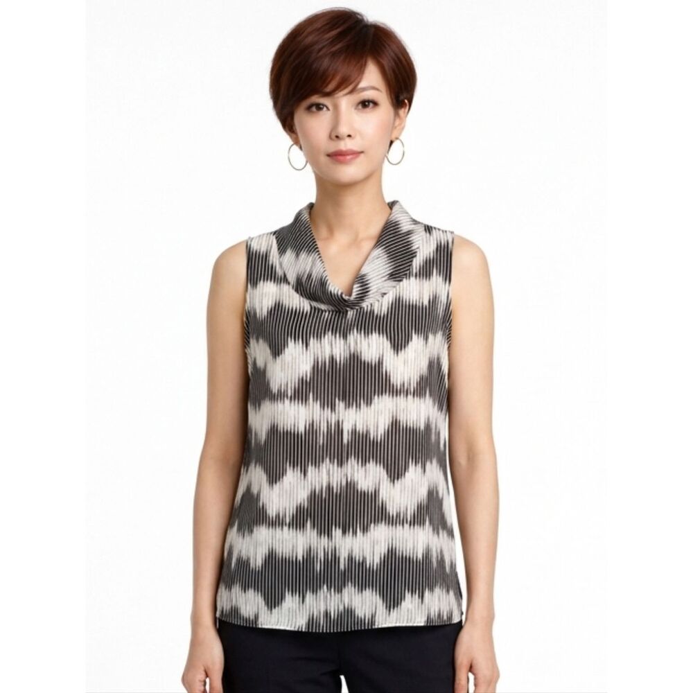Caviar Black & White Patterned Cowl Neck Chiffon Sleeveless Blouse Size S